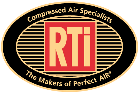 Logo of RTi Compressed Air Specialists with red and gold text on a black background