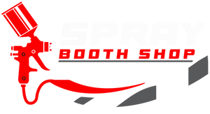 Logo of Booth Shop with a red spray gun and text on a white background